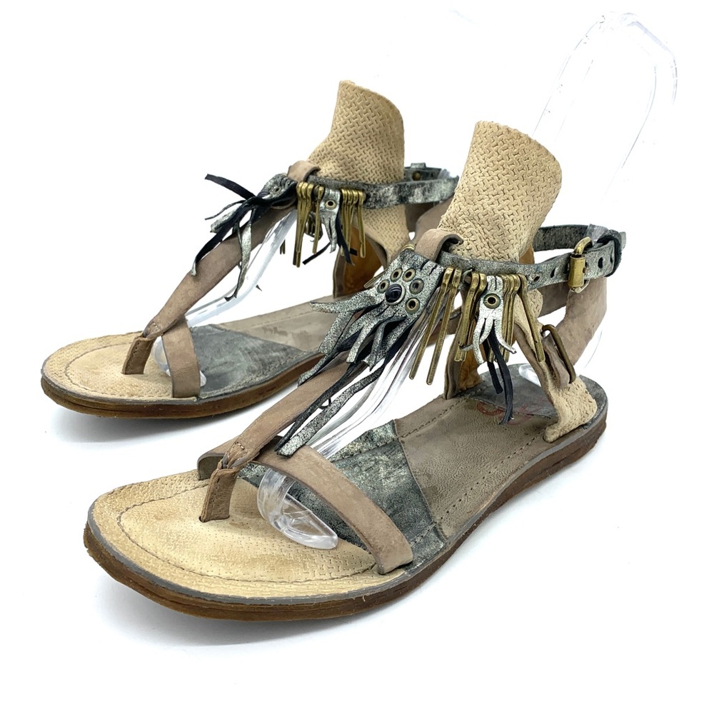 A.S.98 Ramos Brown Silver Leather Fringe Buckle Snap Gladiator Sandals